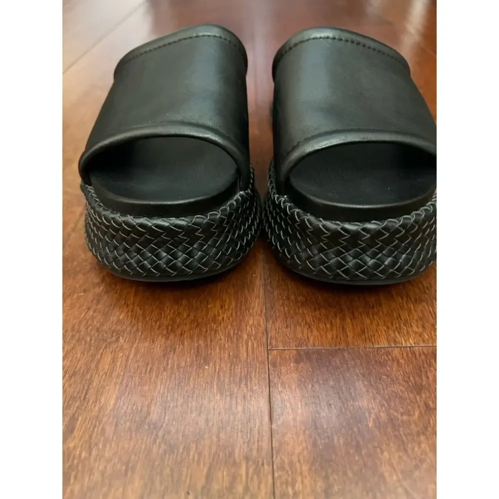 Dolce Vita Wimsyn Black Leather Platform Slide with Woven Platform, Size 8.5